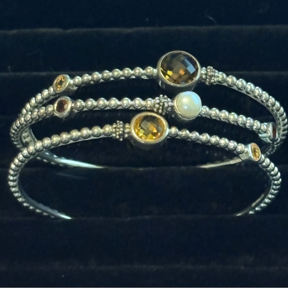 Michael Dawkins 925 silver 3 piece bangle set with pearl, citrine, and garnet